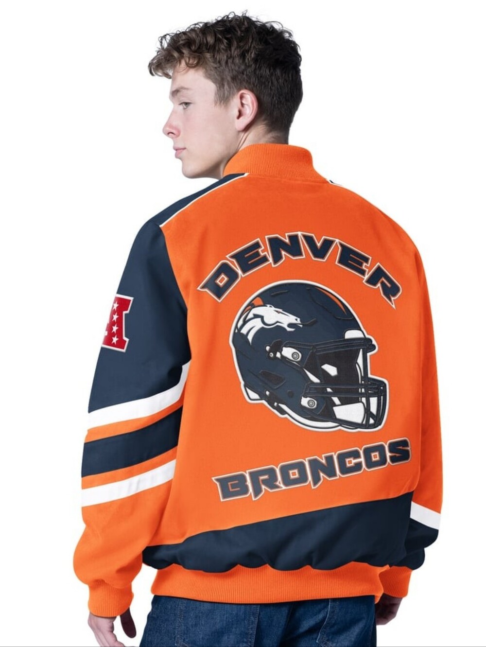 Men's Denver Broncos Varsity Jacket NWT Sz L NFL Racing Jacket Authentic